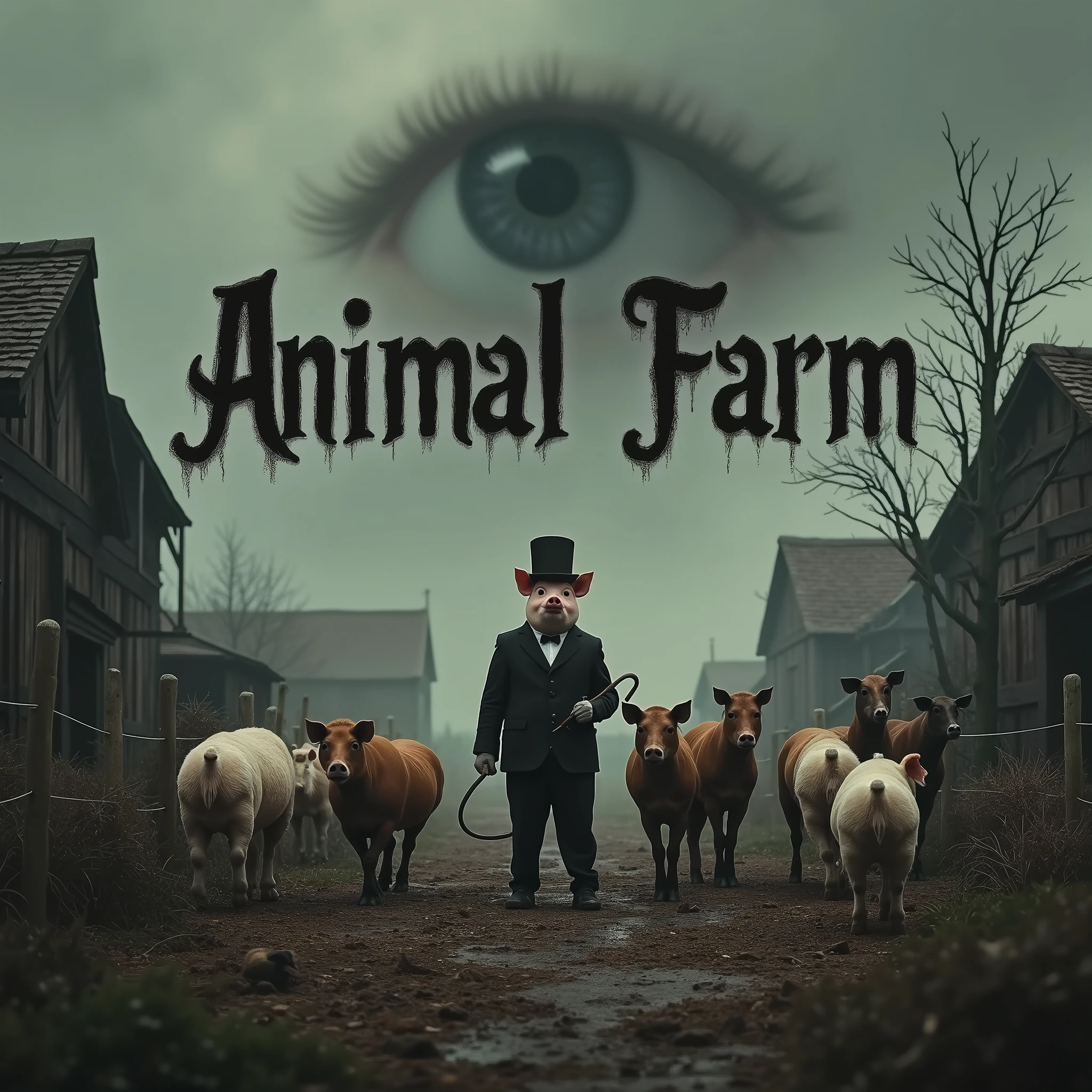 A dark and allegorical scene inspired by George Orwell's "Animal Farm." In the foreground, a group of farm animals—pigs, horses, sheep, and chickens—stand together in a dilapidated barnyard, their expressions a mix of fear, confusion, and defiance. At the center of the group, a pig dressed in human clothing, complete with a suit and hat, stands on two legs, holding a whip and looking down at the other animals with a sinister, authoritative gaze. The once idyllic farm is now bleak and oppressive, with broken fences, wilted crops, and a gloomy sky overhead. The windmill in the background is half-constructed, symbolizing false promises and the decay of the farm's original ideals. The entire scene is shrouded in an atmosphere of tyranny and betrayal, capturing the essence of power, corruption, and the loss of freedom.. [(Suspended in the air between scene and the viewer, a translucent, almost ghostly black message reads exactly: "ANIMAL FARM". The text appears as if it's floating, blurred at the edges, with the letters formed from a faint mist or white smoke that lingers in the space. The smoky words are readable, though not overly bright, hovering just in front of his gaze, creating a surreal yet powerful effect. Text exactly says: "ANIMAL FARM". They seem to be written in chalk. The text says: "ANIMAL FARM". semi-transparent text that reads 'ANIMAL FARM' in a dramatic, bold font. The text almost acts as a title, floating in the air, partially obscuring the scene but enhancing the overall tension and urgency of the moment)].