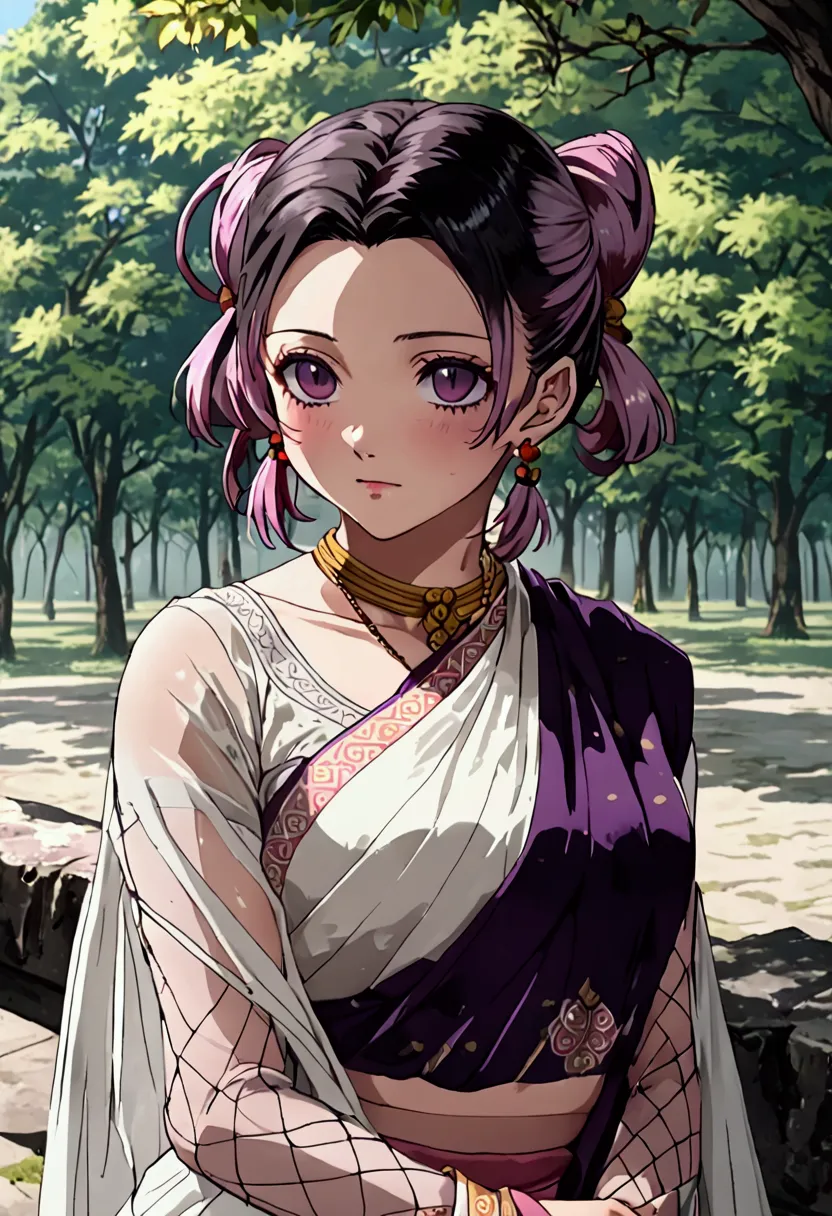 ((((shinobu kochou from demon slayer)))),((((wearing a white see through saree with fading pink at the end and her black lines c...