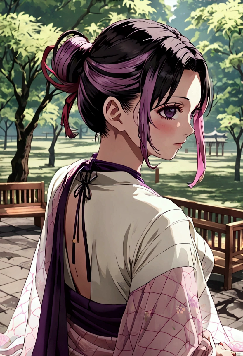 ((((shinobu kochou from demon slayer)))),((((wearing a white see through saree with fading pink at the end and her black lines cracking ground pattern on her saree)))),her hairstyle is very short raven-black wavy hair that fades into dark purple at the ends, deep purple eyes with no visible pupils , sitting on a bench in park, human body structure, no ornaments, photo session, innocent looking ,proper body proportion ,  Her hair is medium length, dark and tied up into a butterfly-shaped bun at the back of her head, with purple-tinted ends. She has long, straight bangs that frame her face and two strands of hair falling gracefully down each side of her face. The hairstyle should have a delicate, elegant appearance, with vibrant and clean anime-style shading. The butterfly accessory in the bun is detailed with light purple and white colors, matching the hair’s purple tips,hairs are purple fading at the ends of bangs , ((((((wearing an Indian saree))))))