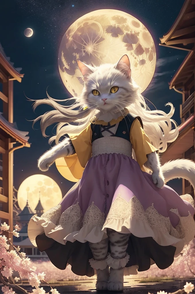 HDR,uhd,8k,Highly d surrounded by floating sakura, yellow full moon, beautiful detailed dark midnight sky, messy white long hair,
Old castle can be seen　An anthropomorphic cat wearing a purple moist dress with grey fur



