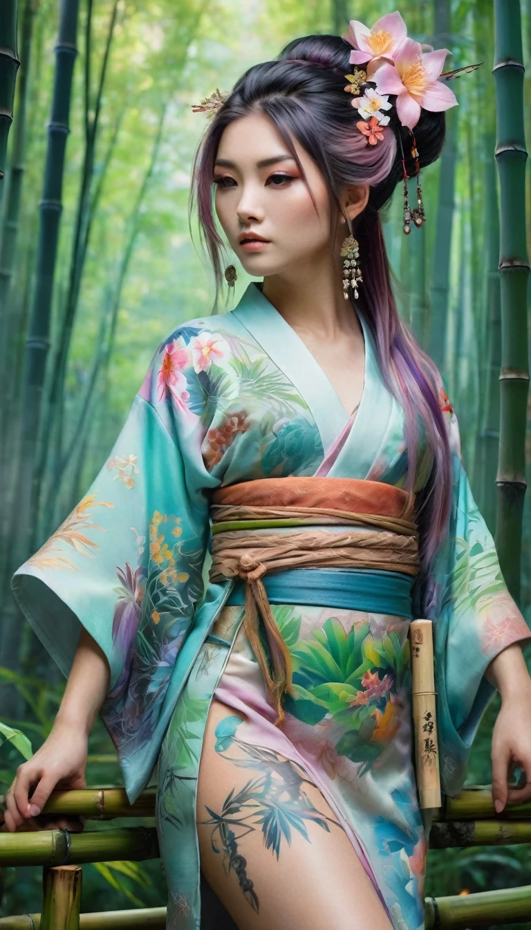 girl kimono, little body, little breast, (((all body artistic painting fullcolors pastel))), wonderfull yakuza tattoo work, multicolor hair, ((long hair pin with detailled decoration)), complex asian hairstyle, masterpiece, best quality, in bamboo forest, (((standing, front view
, all body)))