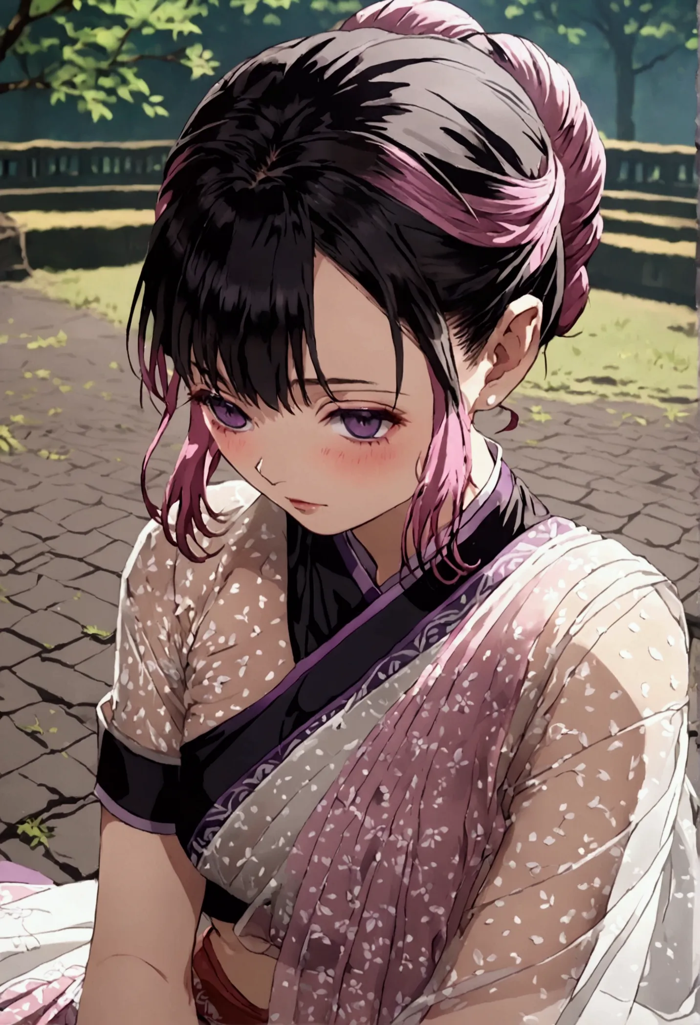 ((((shinobu kocho from demon slayer)))),((((wearing a white see through saree with fading pink at the end and her black lines cr...