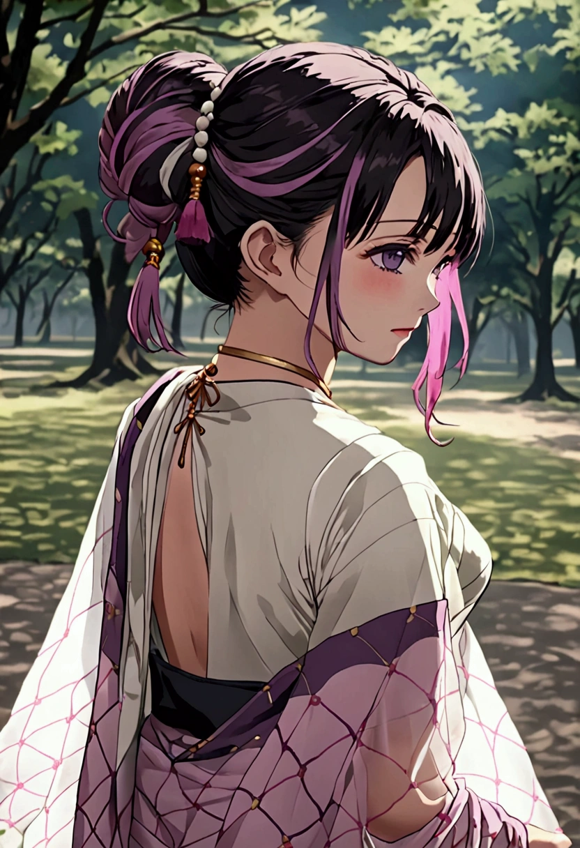 ((((shinobu kocho from demon slayer)))),((((wearing a white see through saree with fading pink at the end and her black lines cracking ground pattern on her saree)))), deep purple eyes with no visible pupils , in park, human body structure, no ornaments, photo session, innocent looking ,proper body proportion ,  distinctive hairstyle from Demon Slayer. Her hair is medium length, primarily dark black with subtle purple-tinted ends. The hair is tied up into a butterfly-shaped bun at the back of her head. She has long, straight bangs framing her face, with two strands of hair falling gracefully down each side. The butterfly accessory in the bun is detailed with light purple and white colors, matching the hair’s purple tips. Ensure the hair color stays dark with accurate purple shading, not pink,hairs are purple fading at the ends of bangs , ((((((wearing an Indian saree)))))),laying on bench