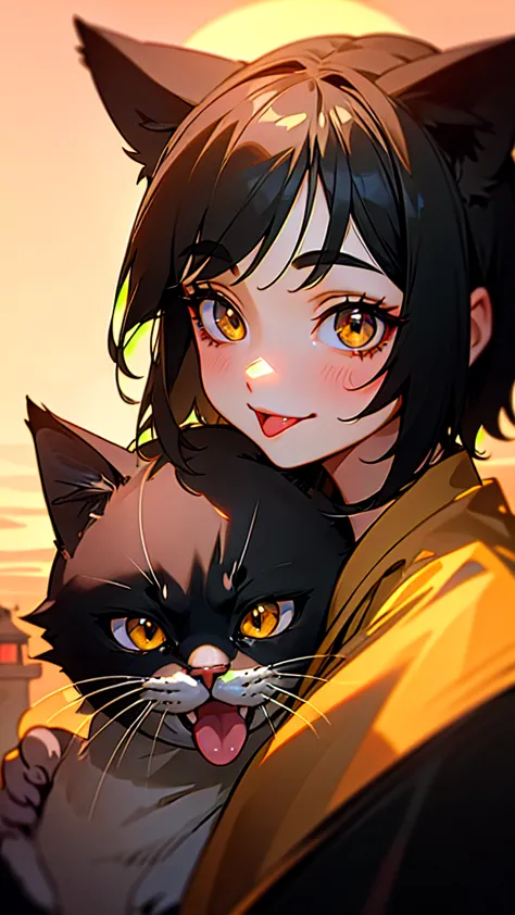 1 girl、shiny black hair、long eyelashes、round eyes、fake animal ears、smile、tooth、short hair、cat ear、tongue、upper body close-up、gol...