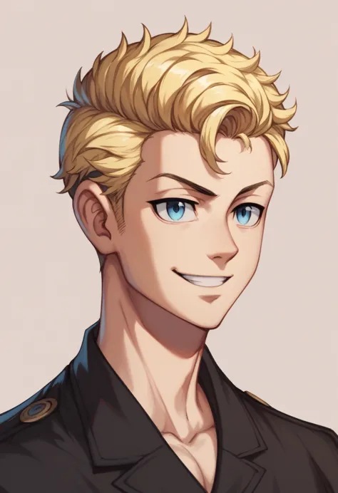 1boy, blonde dyed hair, medium hairstyle, blue eyes, wearing black blouse, handsome, smile, closer distance face, closer distanc...