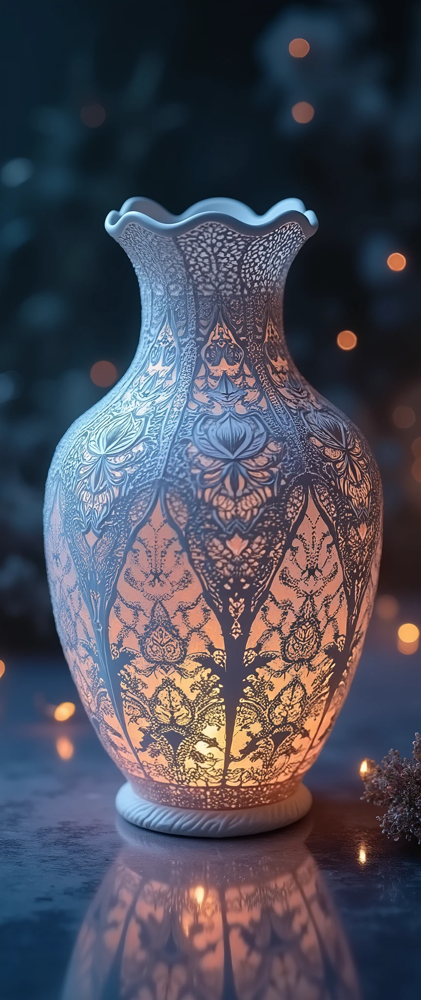 The beautiful vases look as if they were woven three-dimensionally with beautiful delicate lace,Laced with many religious designs, the surface of the vase has a color like a starry night sky, very simple background, beautiful lighting, great focus,Beautiful bokeh, shot from above,