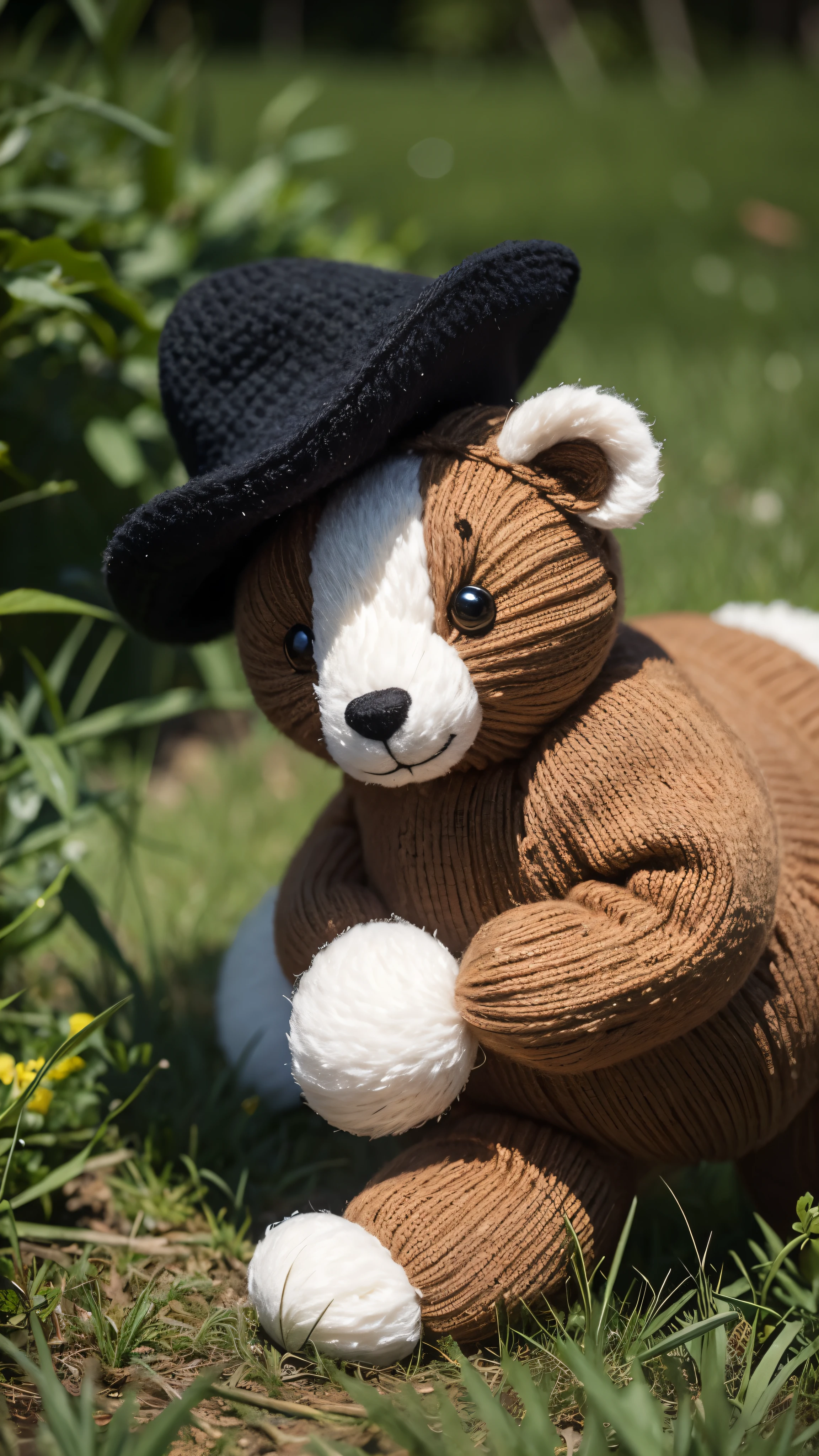 Knitted toy bear, small anthropomorphic animal, in a hat and antique clothes of the 17th century, macro photography in thick grass, dew drops reflecting the environment, super detailed toy, you can see every wool on the toy, you can see every shrvcik on the clothes, dragging all your things on itself, cute animal, cute toy,