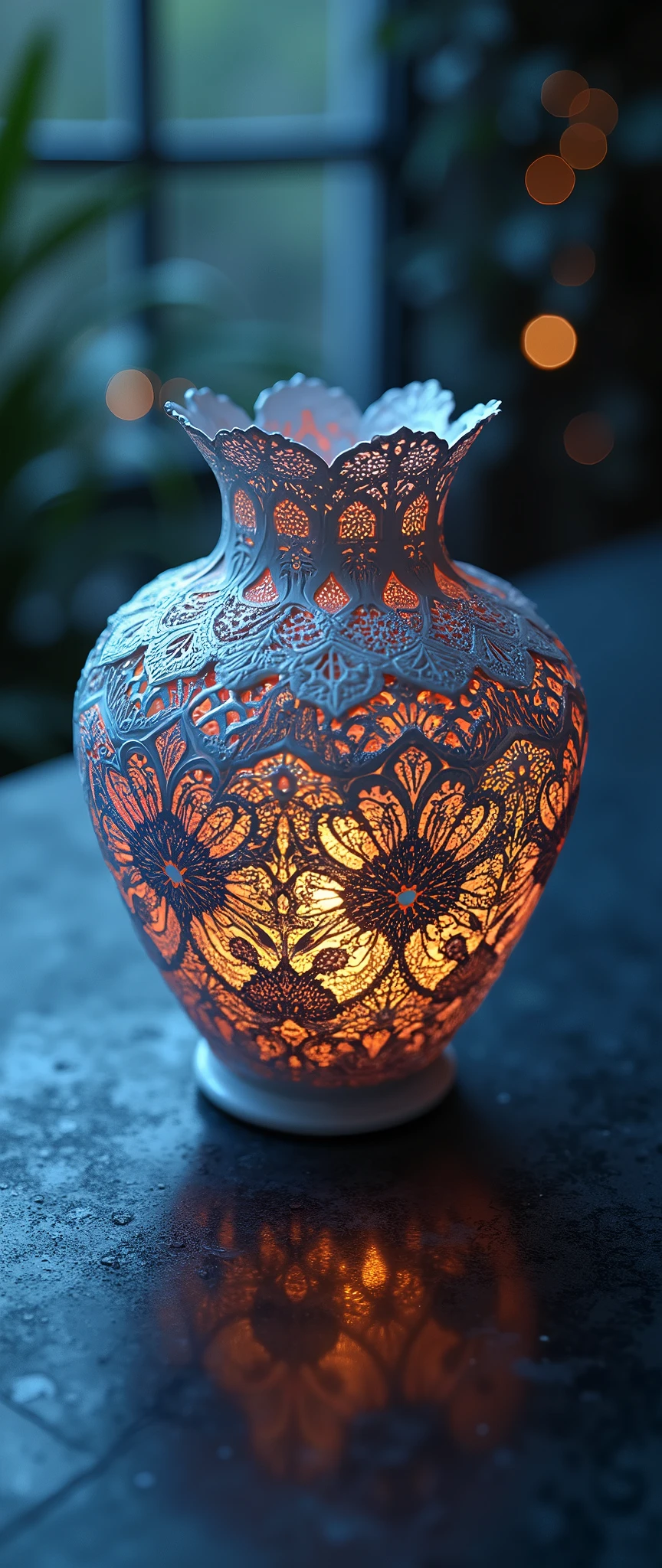 The beautiful vases look as if they were woven three-dimensionally with beautiful delicate lace,Laced with many religious designs, the surface of the vase has a color like a starry night sky, very simple background, beautiful lighting, great focus,Beautiful bokeh, shot from above,