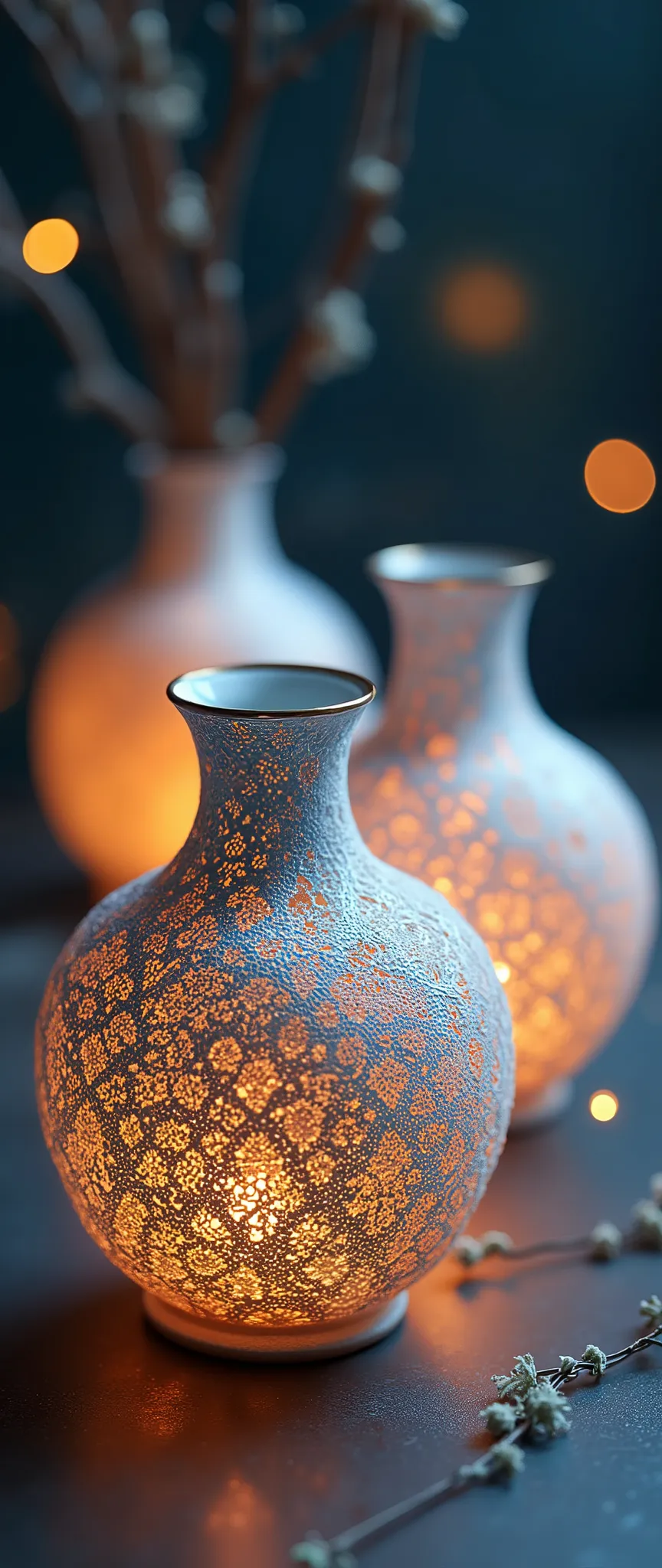 The beautiful vases look as if they were woven three-dimensionally with beautiful delicate lace,Laced with many religious designs, the surface of the vase has a color like a starry night sky, very simple background, beautiful lighting, great focus,Beautiful bokeh, shot from above,