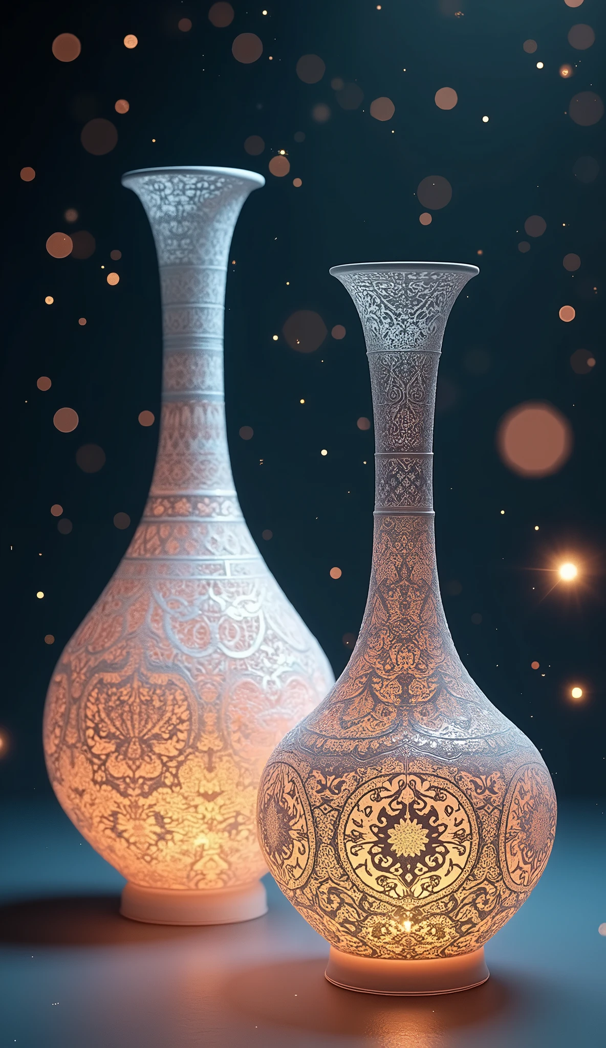 The beautiful vases look as if they were woven three-dimensionally with beautiful delicate lace,Laced with many religious designs, the surface of the vase has a color like a starry night sky, very simple background, beautiful lighting, great focus,Beautiful bokeh, shot from above,