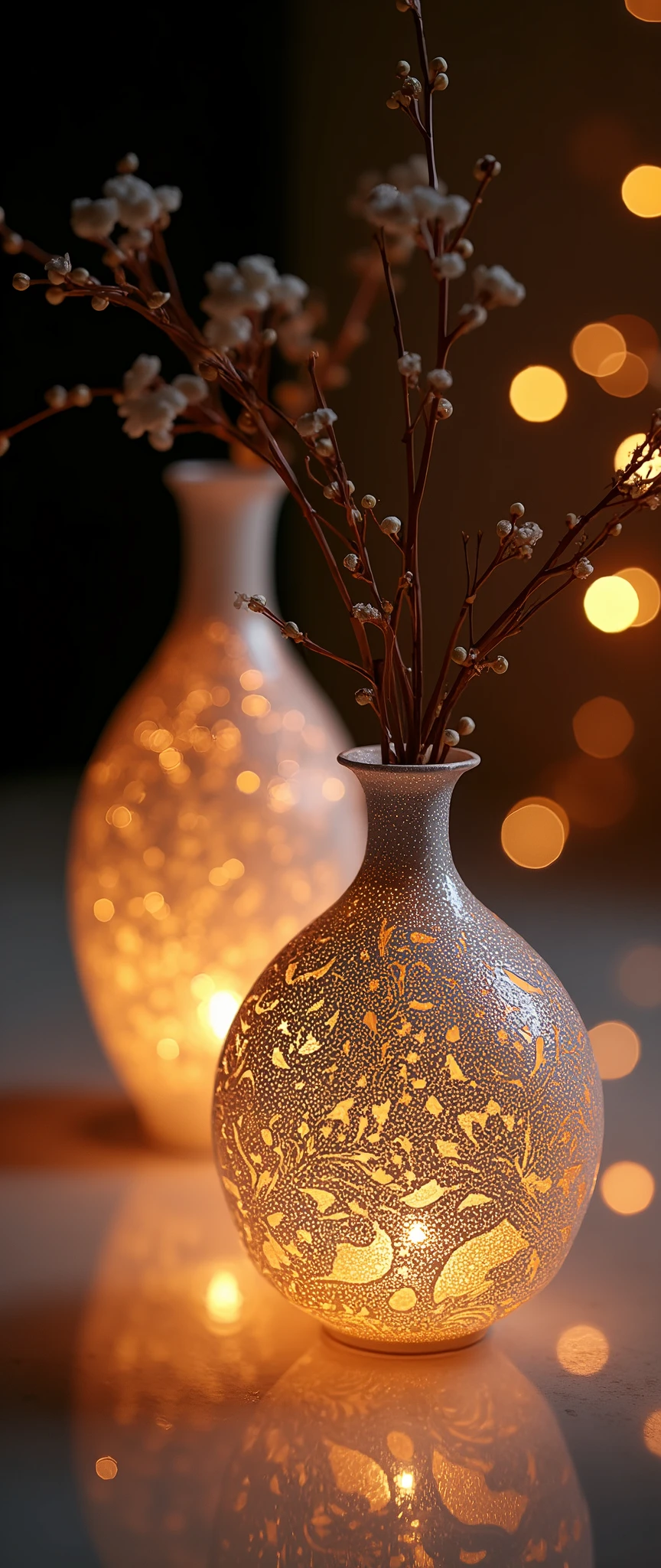 The beautiful vases look as if they were woven three-dimensionally with beautiful delicate lace,Laced with many religious designs, the surface of the vase has a color like a starry night sky, very simple background, beautiful lighting, great focus,Beautiful bokeh, shot from above,