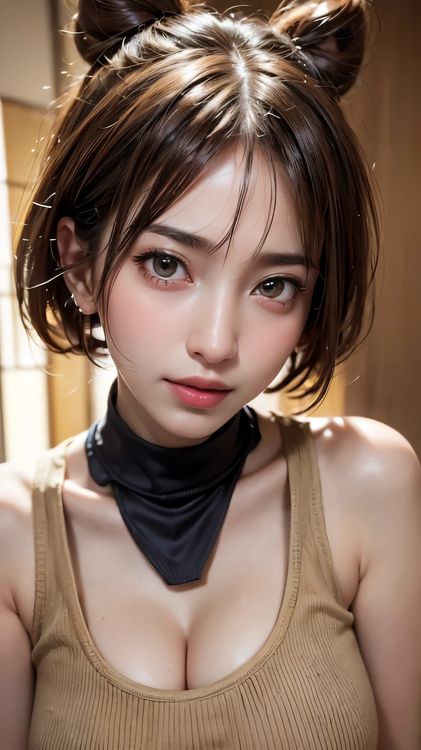 (Ultra-realistic), (shape), (High resolution), (In 8K), (Very detailed), (Best shape), (Beautiful details), (Highest quality), (Very detailedな), (wallpaper), (Detailed face), Droopy eyes, Sweat a lot, Upper body close-up,  Underarm,short hair,Girl wearing sleeveless sweater, Japanese, Her cleavage is visible, (Camel Toe)