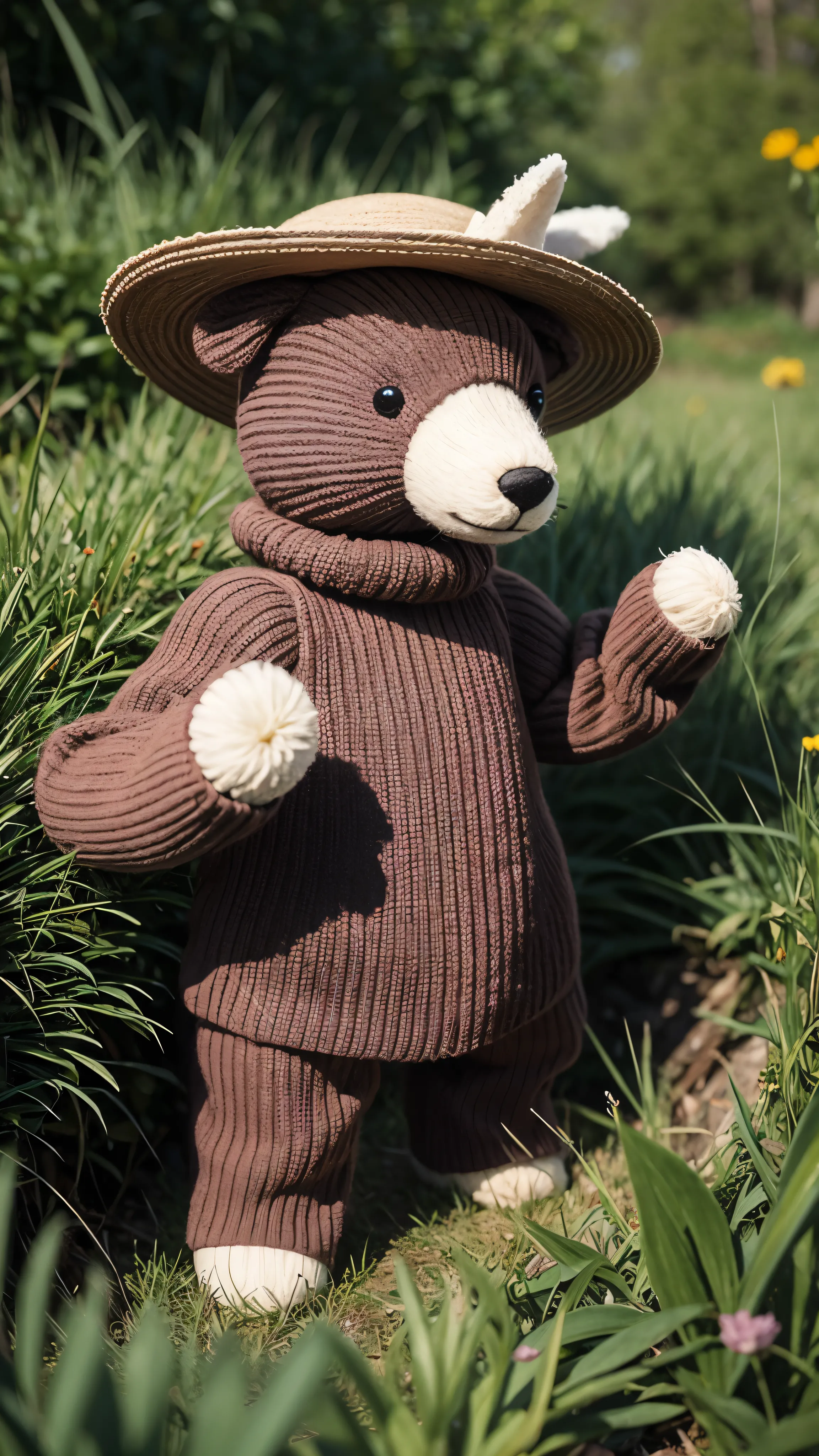 Knitted toy bear, small anthropomorphic animal, in a hat and antique clothes of the 17th century, macro photography in thick grass, dew drops reflecting the environment, super detailed toy, you can see every wool on the toy, you can see every shrvcik on the clothes, dragging all your things on itself, cute animal, cute toy,