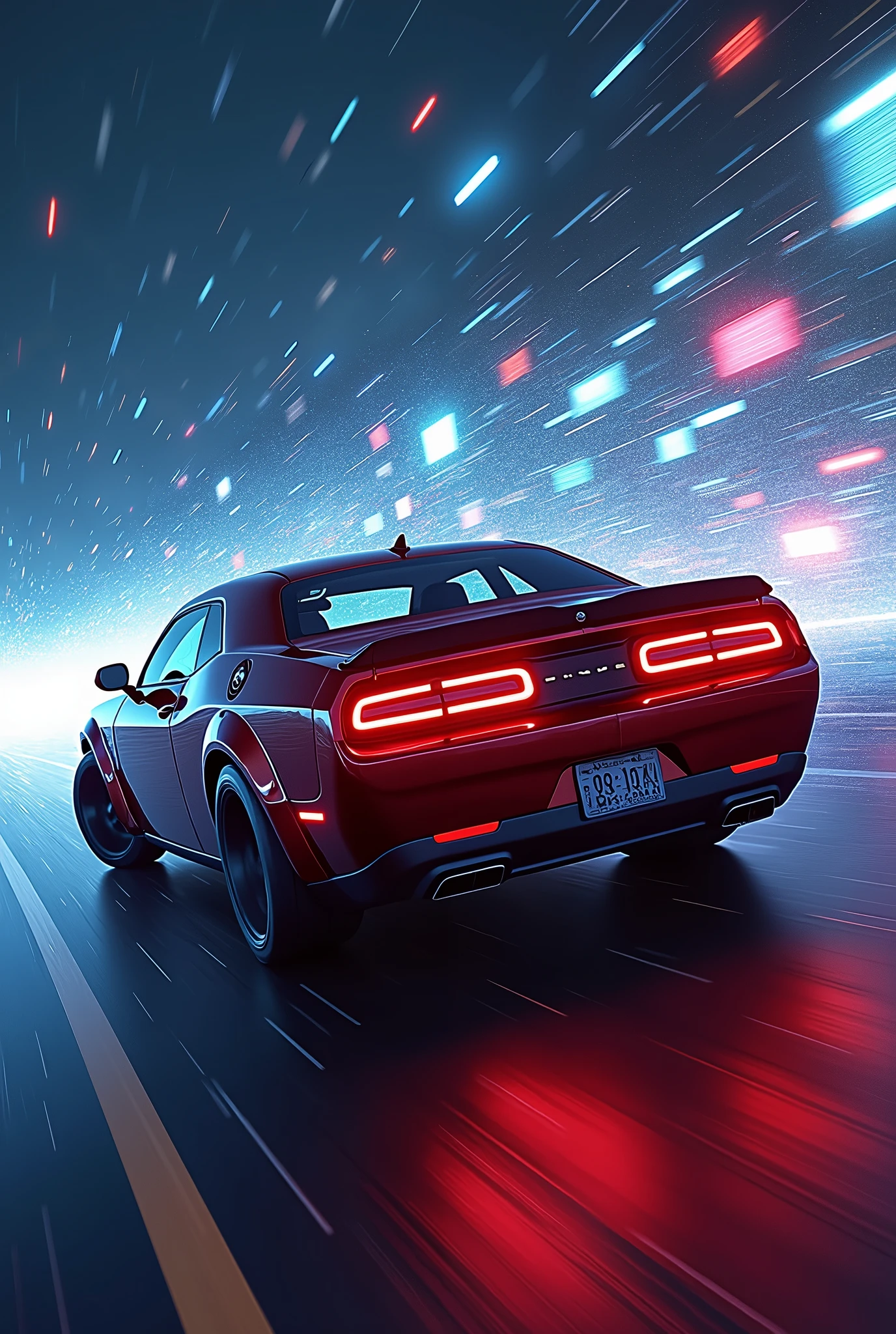 masterpiece,Highest quality,(Ultra-high definition CG Unity 8K wallpaper),(Highest quality),(Best illustrations),(Best Shadow),Physical Rendering,Realistic lighting,Beautiful sparkle,A time machine made from dodge Challenger hellcat,(Detailed depiction of a car-type time machine:1.6),(Cut through time and space at breakneck speed、Transcend time:1.6),(Expressing a sense of speed:1.6),(The background expresses the effect of transcending time and space..:1.6),(dynamic),(Shooting from the rear of the vehicle:1.6)