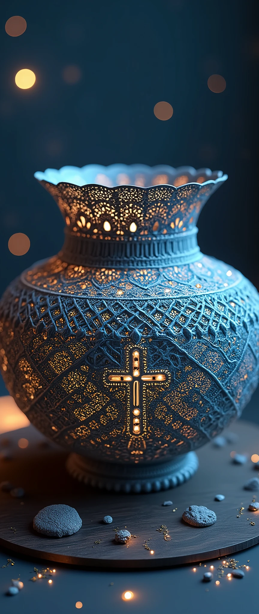 The beautiful vases look as if they were woven three-dimensionally with beautiful delicate lace,Laced with many religious designs, the surface of the vase has a color like a starry night sky, very simple background, beautiful lighting, great focus,Beautiful bokeh, shot from above,