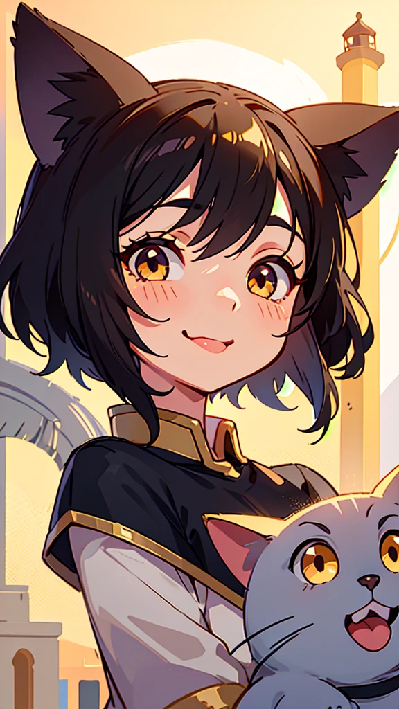 1 Girl、Shiny black hair、Long eyelashes、Round eyes、fake animal ears、smile、tooth、short hair、Cat ear、tongue、Upper body close-up、Golden hour sky、Near the lighthouse