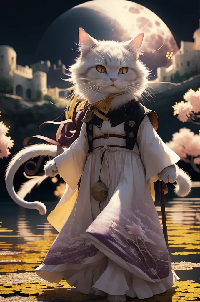 HDR,uhd,8k,Highly d surrounded by floating sakura, yellow full moon, beautiful detailed dark midnight sky, messy white long hair,
Old castle can be seen　An anthropomorphic cat wearing a purple moist dress
黒猫
