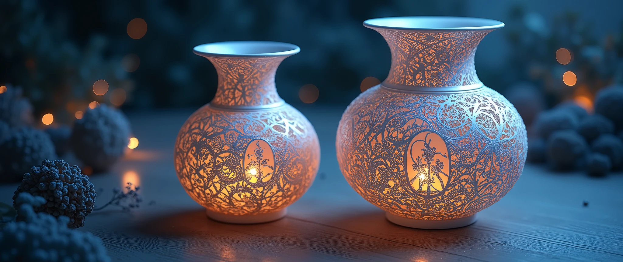 The beautiful vases look as if they were woven three-dimensionally with beautiful delicate lace,Laced with many religious designs, the surface of the vase has a color like a starry night sky, very simple background, beautiful lighting, great focus,Beautiful bokeh, shot from above,