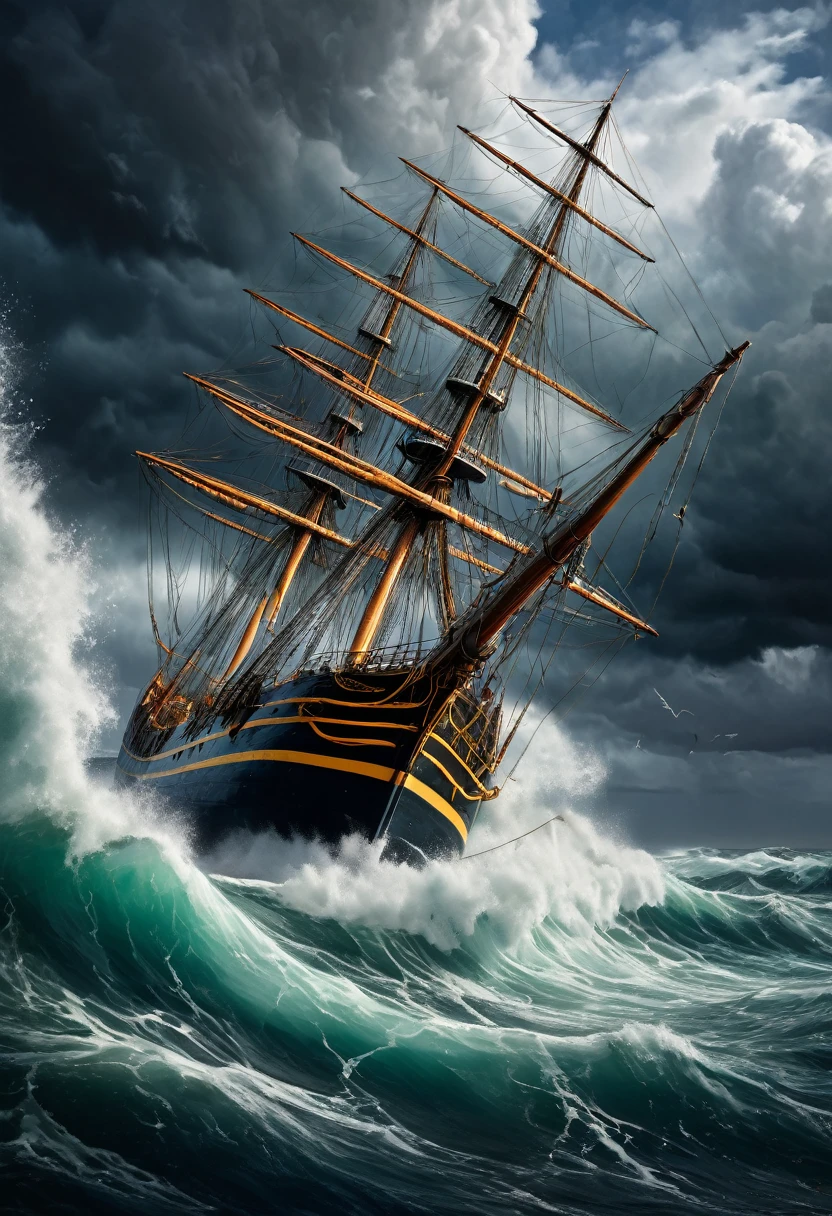 a majestic ghost ship on a foggy sea at night, Gustave Courbet style, dramatic stormy skies, gloomy atmosphere, ominous crashing waves, pale moonlight, dark and moody colors, photorealistic,ultra-detailed, (best quality,8k,highres,masterpiece:1.2),dramatic lighting,cinematic composition,haunting,eerie,horror