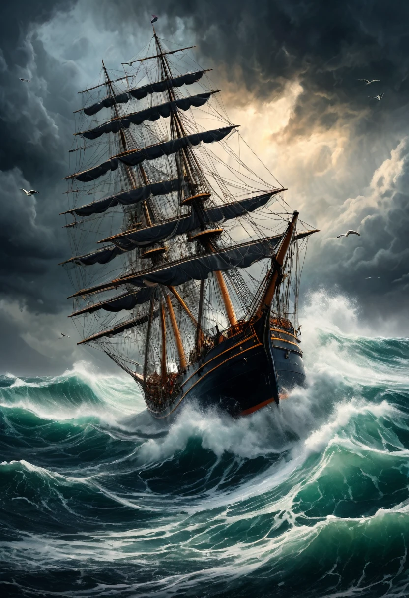 a majestic ghost ship on a foggy sea at night, Gustave Courbet style, dramatic stormy skies, gloomy atmosphere, ominous crashing waves, pale moonlight, dark and moody colors, photorealistic,ultra-detailed, (best quality,8k,highres,masterpiece:1.2),dramatic lighting,cinematic composition,haunting,eerie,horror