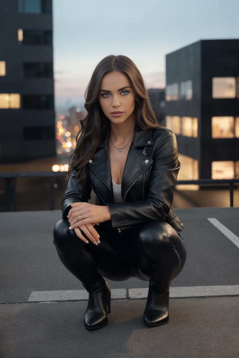 full body Realism, a girl, light Blue beautiful eyes, dark hair, long hair beautiful hairstyle, light makeup, dressed in a leather black jacket, tight black leather pants, beautiful shoes on her feet, night city street in the background, high detail appearance, high detail hairstyle, high detail environment, high detail background, in the background is a modern city, the photo was taken with a photorealistic SLR camera, resolution full hd, 8K