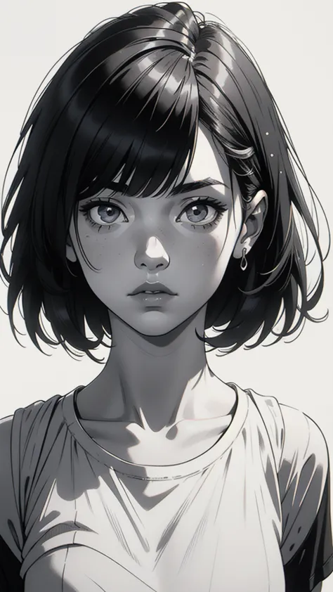 1 boyish girl, solo, sharp eyes, monochrome, greyscale, shoulder length black hair, portrait, blank white t-shirt, thin eyebrows...