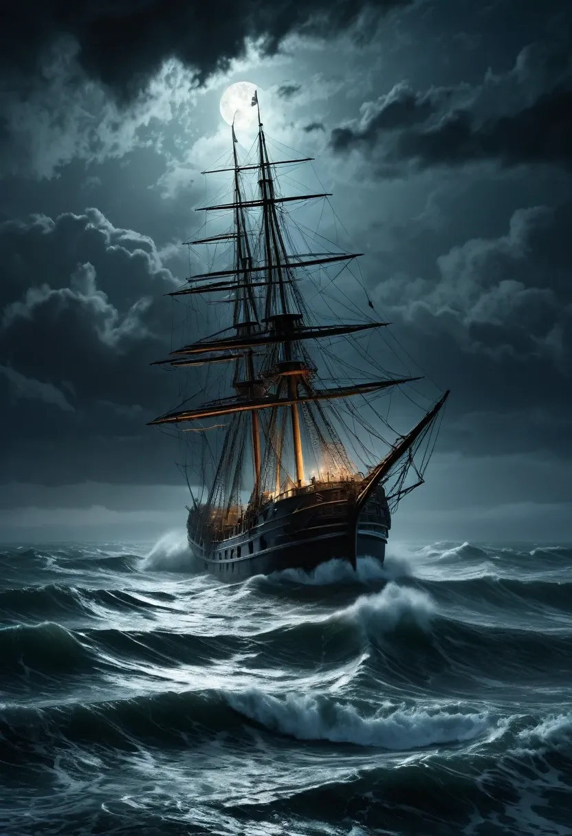 a majestic ghost ship on a foggy sea at night, Gustave Courbet style, dramatic stormy skies, gloomy atmosphere, ominous crashing waves, pale moonlight, dark and moody colors, photorealistic,ultra-detailed, (best quality,8k,highres,masterpiece:1.2),dramatic lighting,cinematic composition,haunting,eerie,horror