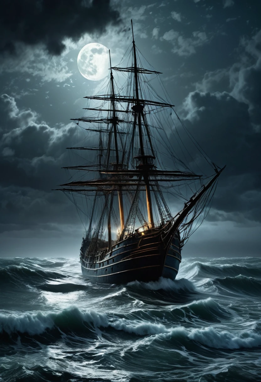 a majestic ghost ship on a foggy sea at night, Gustave Courbet style, dramatic stormy skies, gloomy atmosphere, ominous crashing waves, pale moonlight, dark and moody colors, photorealistic,ultra-detailed, (best quality,8k,highres,masterpiece:1.2),dramatic lighting,cinematic composition,haunting,eerie,horror