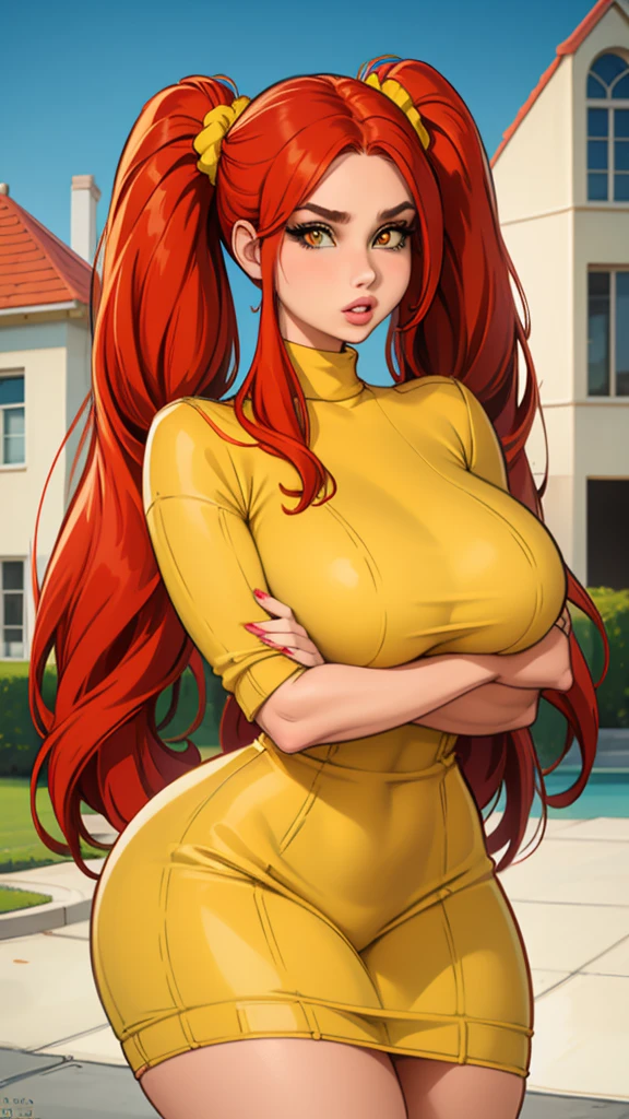 masterpiece, best quality, 1girl, solo, red hair, twintails, very long hair, yellow eyes, turtleneck, ribbed sweater, sweater dress, upper body, parted lips, lips, mature female, curvy, hair scrunchie, huge breasts, looking at viewer, crossed arms, house