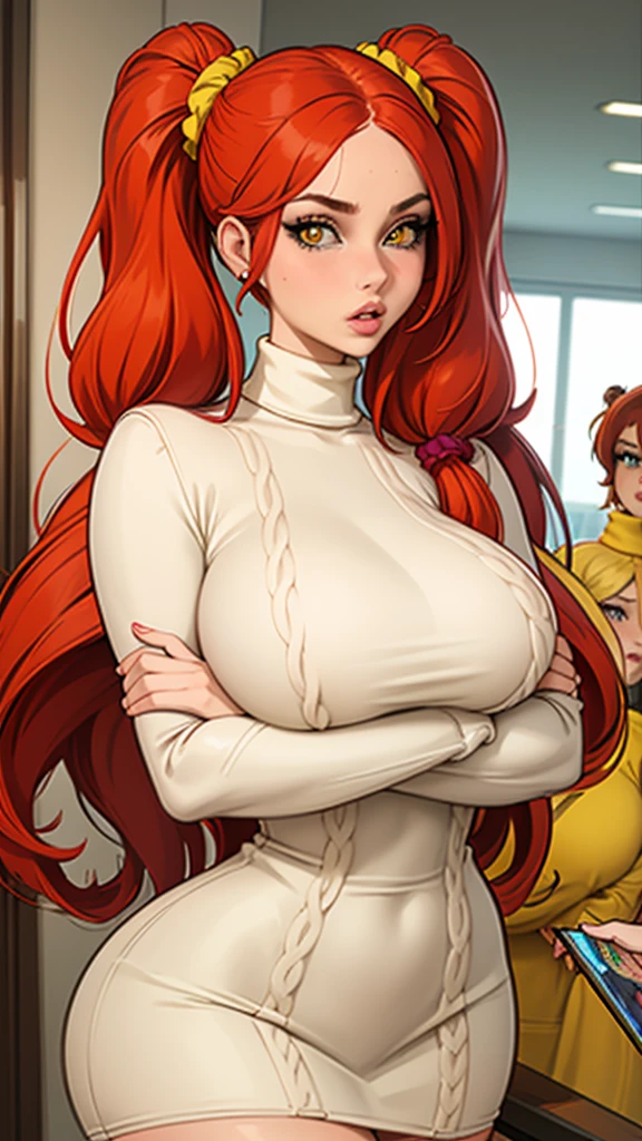 masterpiece, best quality, 1girl, solo, red hair, twintails, very long hair, yellow eyes, turtleneck, ribbed sweater, sweater dress, upper body, parted lips, lips, mature female, curvy, hair scrunchie, huge breasts, looking at viewer, crossed arms, house