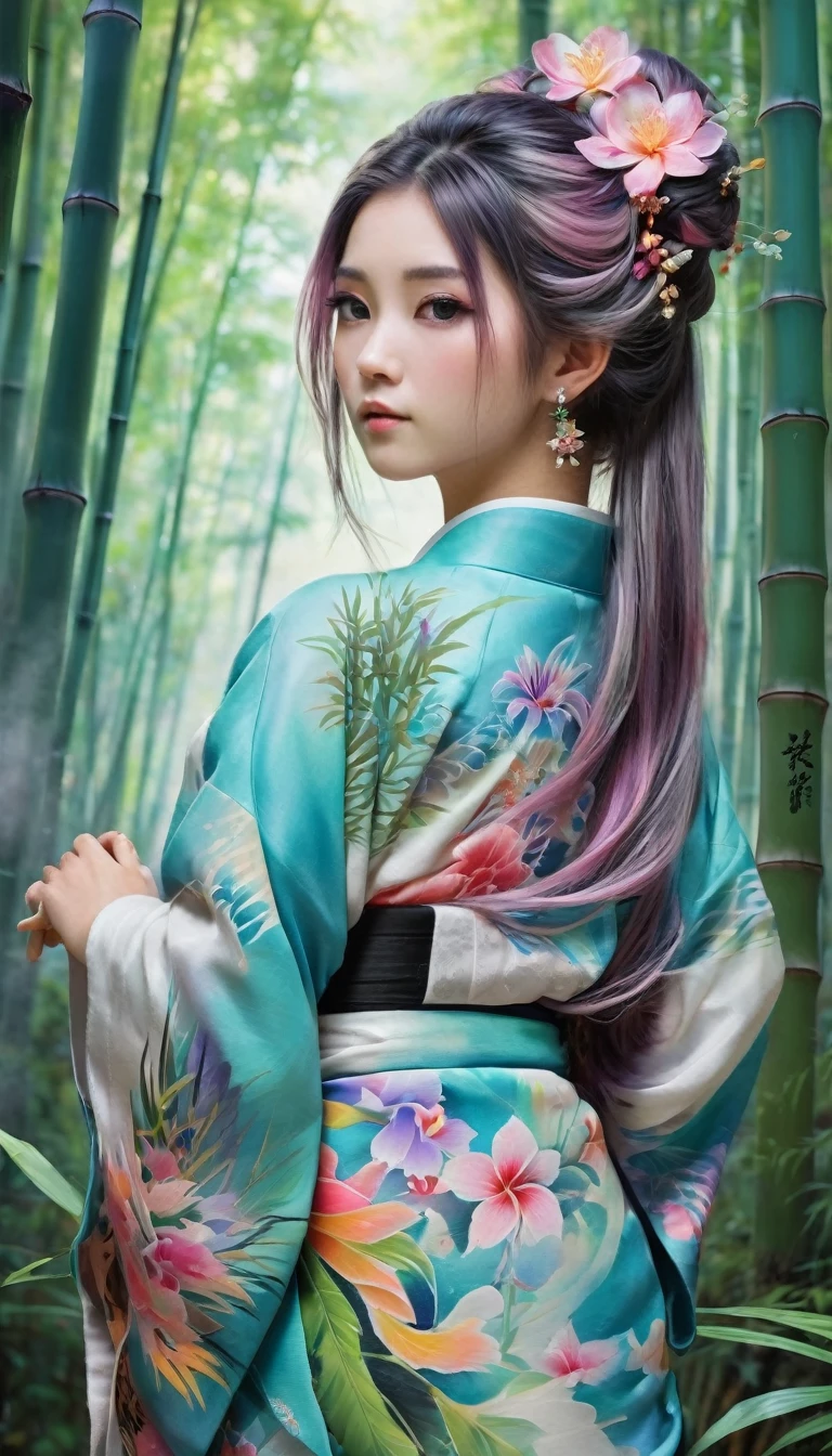 girl yukata, little body, little breast, (((all body artistic painting fullcolors pastel))), wonderfull yakuza tattoo work, multicolor hair, ((long hair pin with detailled decoration)), complex asian hairstyle, masterpiece, best quality, in bamboo forest, (((standing, front view
, all body)))