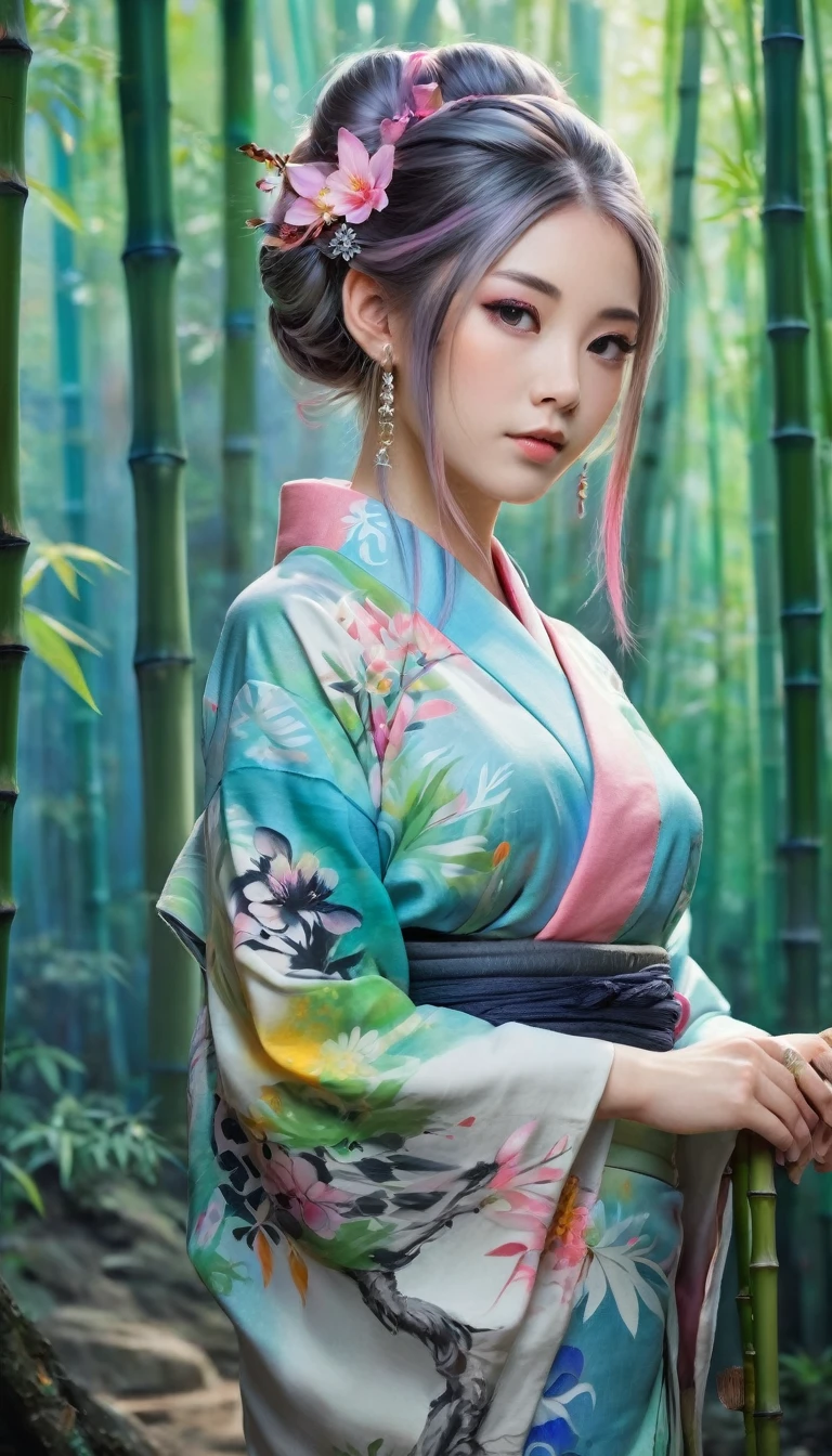 girl yukata, little body, little breast, (((all body artistic painting fullcolors pastel))), wonderfull yakuza tattoo work, multicolor hair, ((long hair pin with detailled decoration)), complex asian hairstyle, masterpiece, best quality, in bamboo forest, (((standing, front view
, all body)))