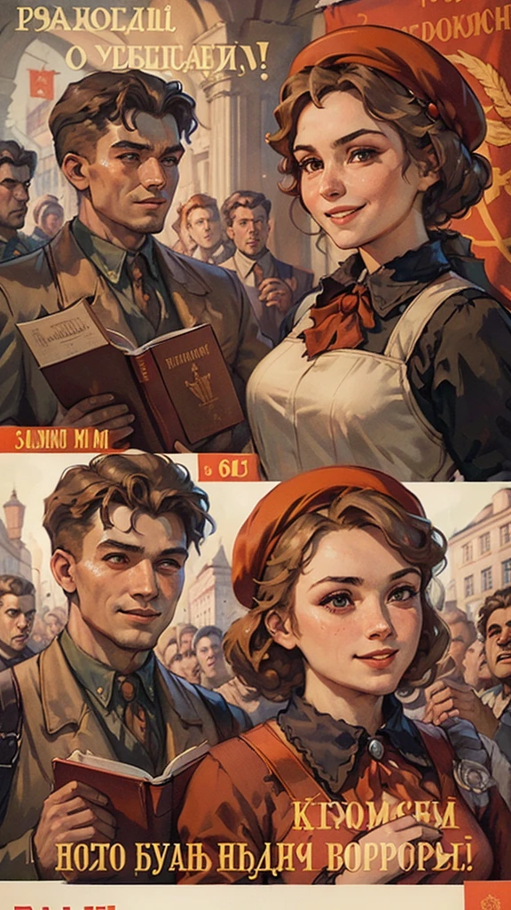 (best quality:1.2), People holding red,The book cover has the words &quot;Das Kapital&quot;，Smile, Profile,Dynamic Angle， Soviet Union, poster,  8k，masterpiece，