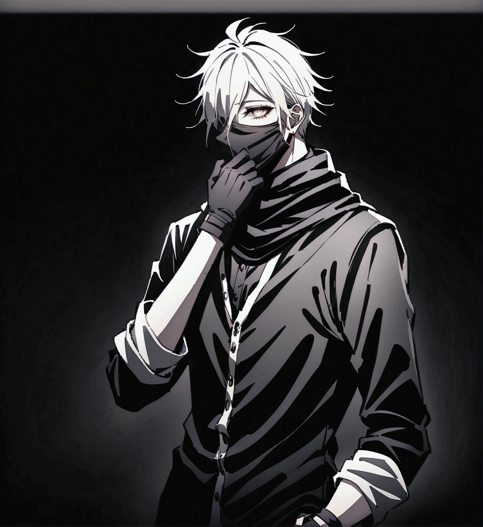 Anime male, white hair professional hair, half white comedy mask on half of the face, black scarf, black unbuttoned priest dressing shirt, black shirt, silver cross, black gloves with fluffy cotton within the end of the wrist, mysterious, devoted, deviant and inhumane personality, face completely black and shadowed, eyes covered by darkness, nose covered by darkness, mouth covered by an black scarf, chin covered by the black scarf, mysterious, high effort, high quality, dark atmosphere, long sleeve, no skin revealed, monochromatic