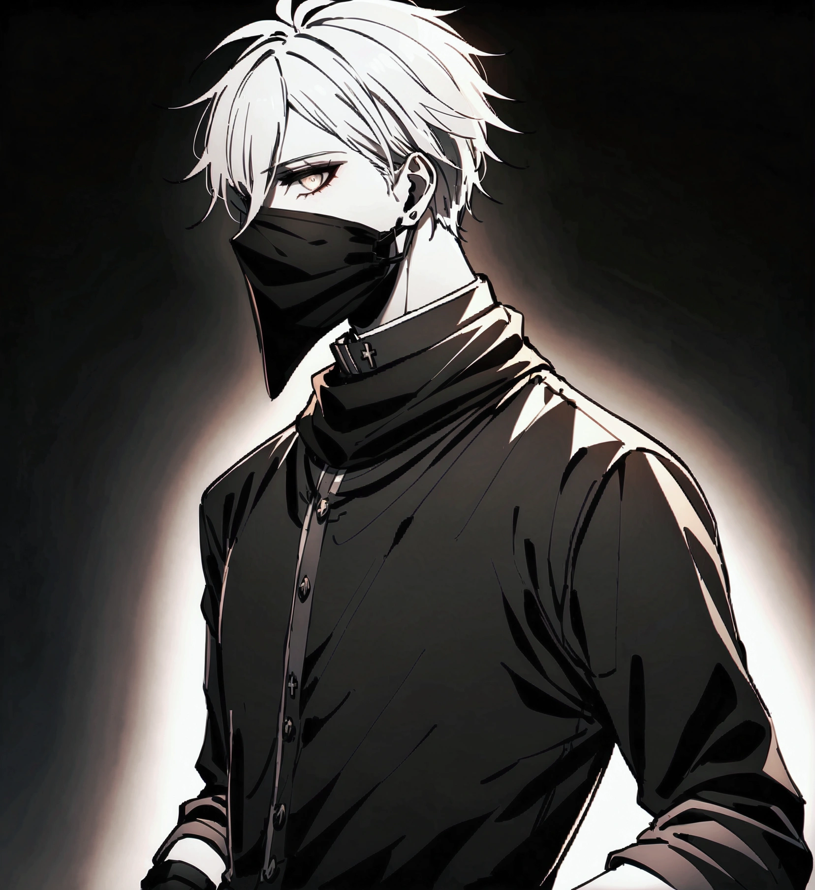 Anime male, white hair professional hair, half white comedy mask on half of the face, black scarf, black unbuttoned priest dressing shirt, black shirt, silver cross, black gloves with fluffy cotton within the end of the wrist, mysterious, devoted, deviant and inhumane personality, face completely black and shadowed, eyes covered by darkness, nose covered by darkness, mouth covered by an black scarf, chin covered by the black scarf, mysterious, high effort, high quality, dark atmosphere, long sleeve, no skin revealed, monochromatic