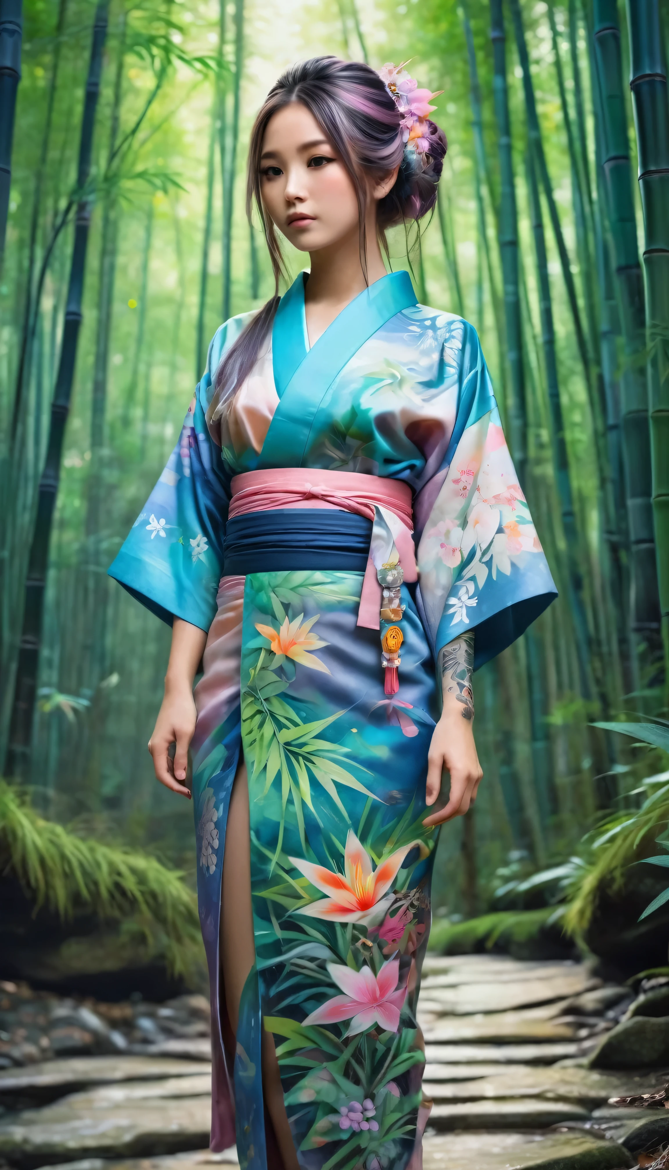 girl yukata, little body, little breast, (((all body artistic painting fullcolors pastel))), wonderfull yakuza tattoo work, multicolor hair, ((long hair pin with detailled decoration)), complex asian hairstyle, masterpiece, best quality, in bamboo forest, (((standing, front view
, all body)))