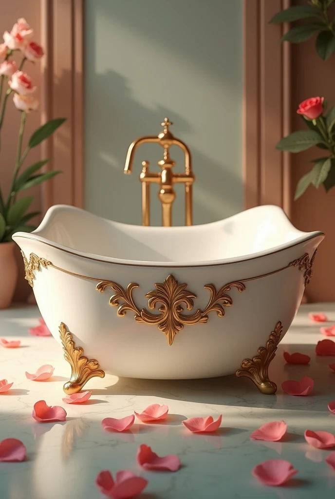 Ceramic bathtub, decorated with gold ornaments, floating rose petals, a moment of elegance and relaxation, ((masterpiece, Highest quality, Best image quality, High resolution, Realistic, RAW Photos, 8k)), ((Highly detailed CG synthesis 8k wallpaper)), front view,