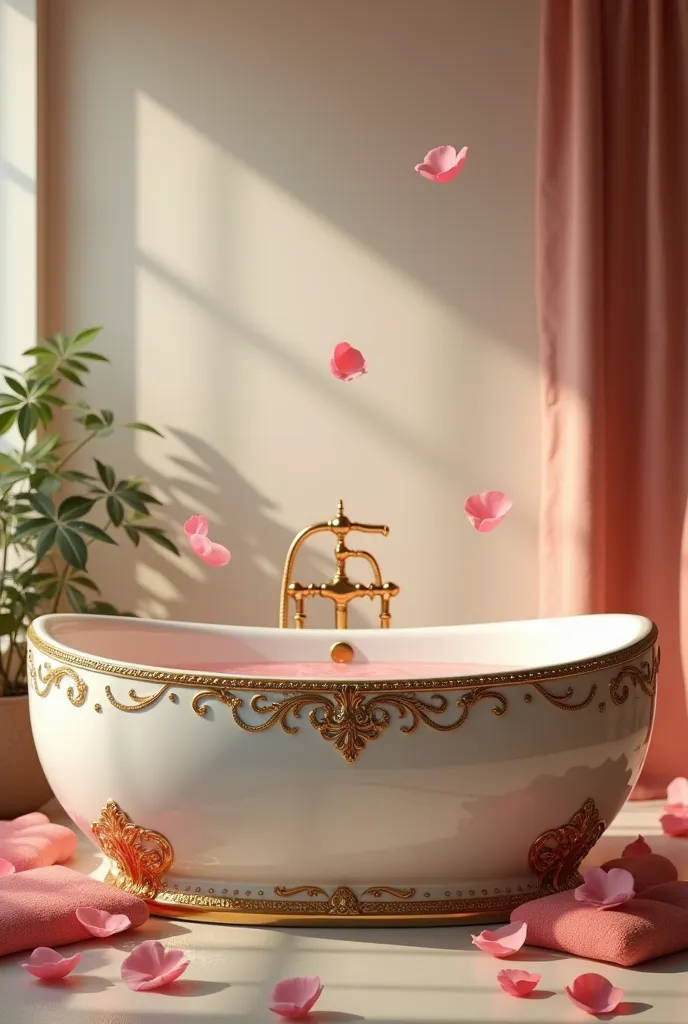 Ceramic bathtub, decorated with gold ornaments, floating rose petals, a moment of elegance and relaxation, ((masterpiece, Highest quality, Best image quality, High resolution, Realistic, RAW Photos, 8k)), ((Highly detailed CG synthesis 8k wallpaper)), front view,