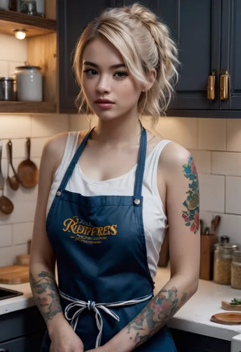 a woman with various tattoos and blonde hair, solo, hips up, detailed face, standing in her kitchen, wearing only an apron, soft...