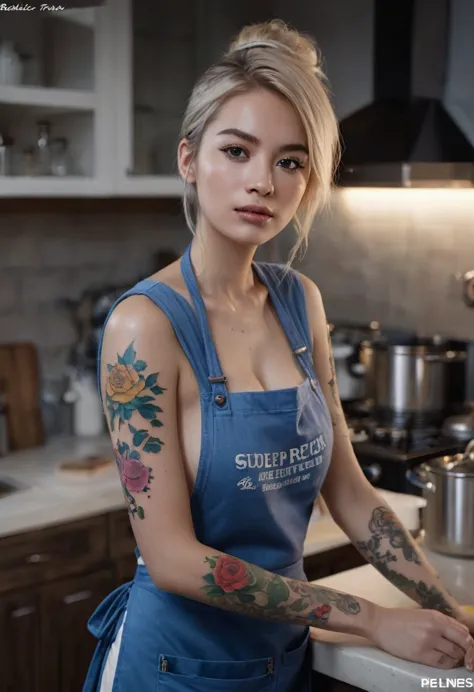 a woman with various tattoos and blonde hair, solo, hips up, detailed face, standing in her kitchen, wearing only an apron, soft...