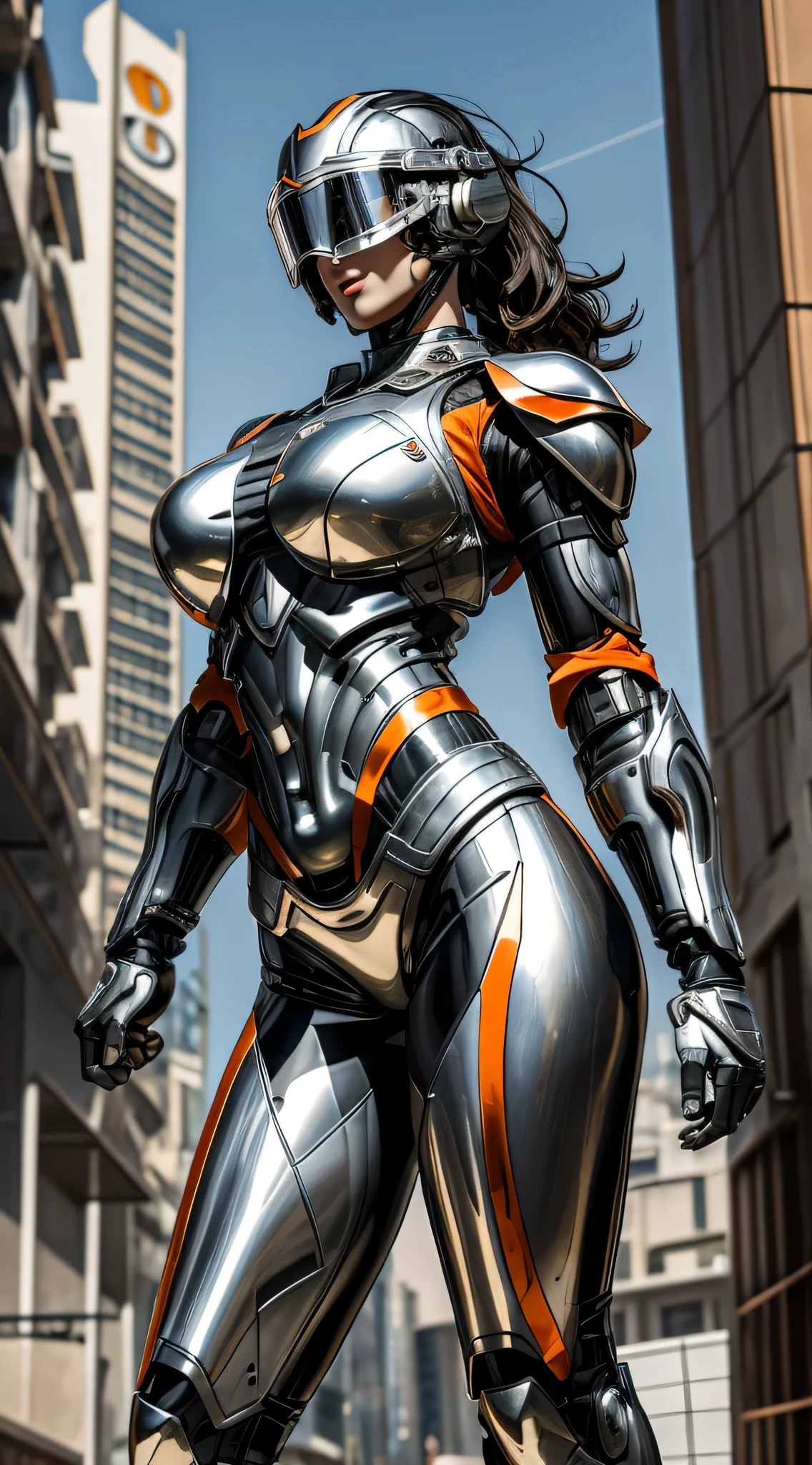 Female Robocop Solo、Bright outdoors、strong light source、8k, high quality, masterpiece, 最high quality, Crisp contrast、Very detailed、full body armor、Very large armor、Helmet covering the head、Clear photos、The eyes are pale, Translucent Straight Goggles.:1.3、The lower half of the face is raw々Shii々Shii:1.5、The lower half of the face is exposed、Seductive lips、Orange and silver metallic armor、black accent color、Armor that completely covers the chest、length, Thin legs、Vibrant Posello Body View,Big and ample breasts:1.5, (Sports Body:1.5)、Five Fingers、Hold a gun、In the city