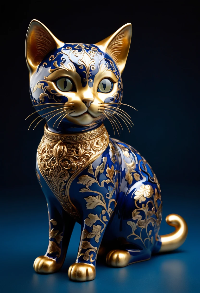 a small cute cat, made of pottery, painted with gold on a blue background, highly detailed, ceramic, delicate, elegant, ornate, intricate, gold leaf details, porcelain, masterpiece, 8k, photorealistic, dramatic lighting, chiaroscuro, vibrant colors, glossy, studio lighting, hyper-realistic, cinematic composition, award-winning