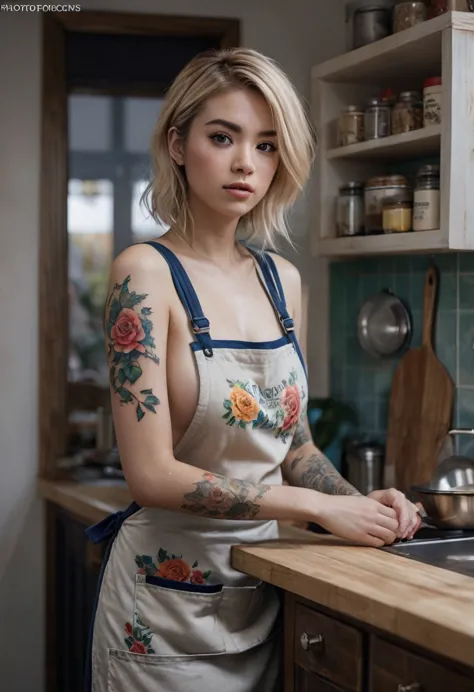 a woman with various tattoos and blonde hair, solo, hips up, detailed face, standing in her kitchen, wearing only an apron, soft...