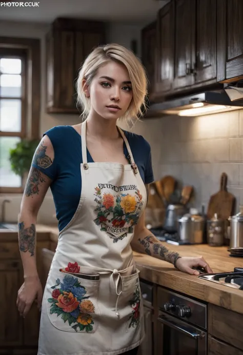 a woman with various tattoos and blonde hair, solo, hips up, detailed face, standing in her kitchen, wearing only an apron, soft...