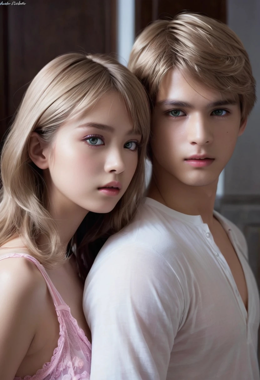 The girl and the boy, clad in identical sexual transparent pink babydolls, showcase their seductive allure. The boy's brown hair shines under the soft light, framing his chiseled features and green eyes that sparkle with mischief. The girl, with her blonde locks cascading down her shoulders, her lilac eyes accentuated by the delicate contours of her face, complements his charm. Their bodies appear as if sculpted from an ultra-detailed masterpiece, the delicate fabric of their babydolls clinging to their forms, revealing their shapes in an enticing manner. The room background radiates with a 8k, best quality, raw photo