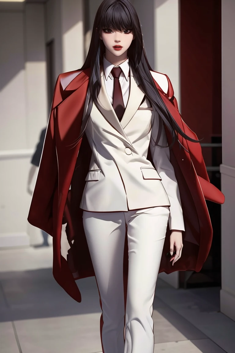 masterpiece, high quality, depth of field, dramatic light, best shadow, best illumination, (backlighting), 8k, beautiful lighting, best quality, highres, female focus, Jiyoung Yoo, 1girl, solo, black hair, long hair, white office suit, red jacket,   