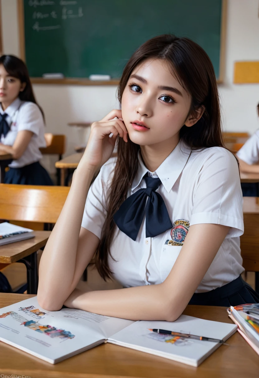  highest quality, masterpiece, ultra high definition, (cute face), (perfect brown eyes), large breasts, surreal illustration, natural proportions, Ultra HD, realistic and vivid colors, highly detailed UHD drawing, perfect composition, 8k, Texture, breathtaking beauty, pure perfection, unforgettable emotion, thread necklace, in the classroom, school uniform