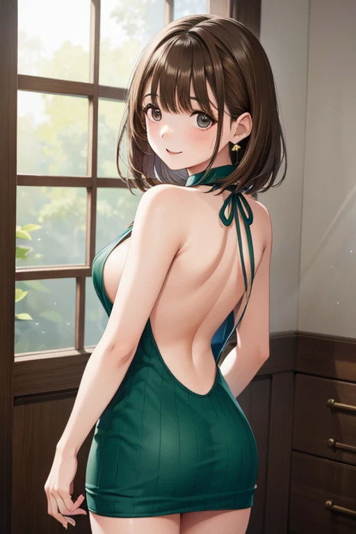 Nene Kasaki々、Shiny brown hair, short hair, (Beautiful brown eyes、Sparkling eyes, fine grain)、smile、Very fine eye、Highly detailed face, Highly detailed eyes,Cowboy Shot、
nsfw,（Sideboob:1.5）、Backwards、Looking Back、


(One Girl,gravure_stop temporarily), ((Green halter neck ribbed knit mini dress)),,Halterneck sweater,Are standing、


Cute anime visuals, Beautiful Anime Girls, Smooth anime CG art, 
 Official artwork, Fascinating anime , 