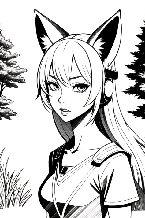 masterpiece, superlative, fox ears, zhunsky , one, bust, full length, trees, drawing a line background, white background, monoch...