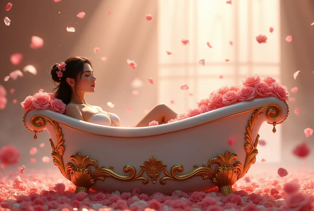 Ceramic bathtub, decorated with gold ornaments, floating rose petals, a moment of elegance and relaxation, ((masterpiece, Highest quality, Best image quality, High resolution, Realistic, RAW Photos, 8k)), ((Highly detailed CG synthesis 8k wallpaper)), front view,